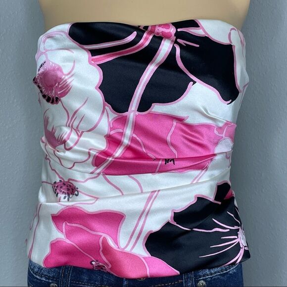 Kay Unger Tops - Kay Unger New York Silk Bustier Pink Off-White Black Floral Strapless Top Size 4